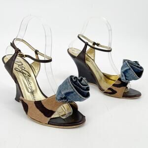 Dolce & Gabbana Vintage Y2K Leopard Calf Hair Denim Flower Wedges IT 38.5